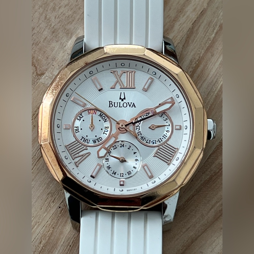 Bulova Ladies Chronograph Style Watch Silver Dial Rose Gold Case Date Dial